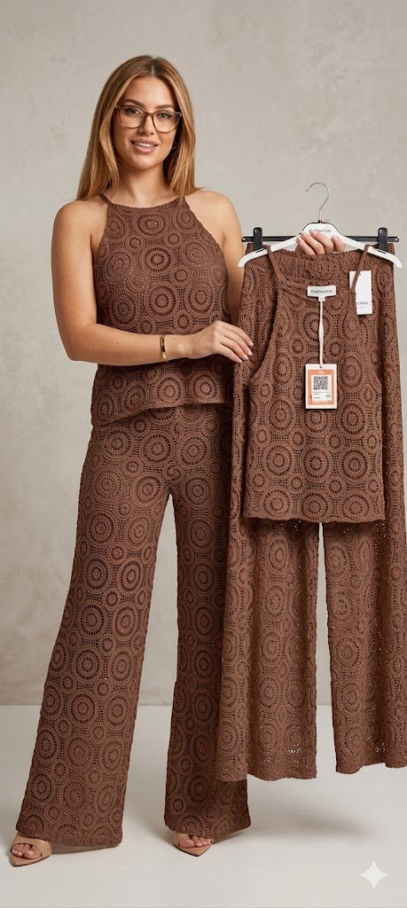Boho Crochet Two-Piece Set — Top & Flare Pants