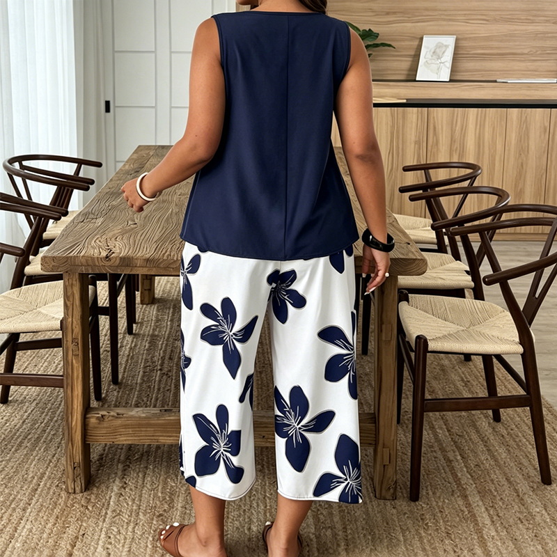 Floral two-piece set with an asymmetrical top and capri pants: stylish, comfy, and versatile