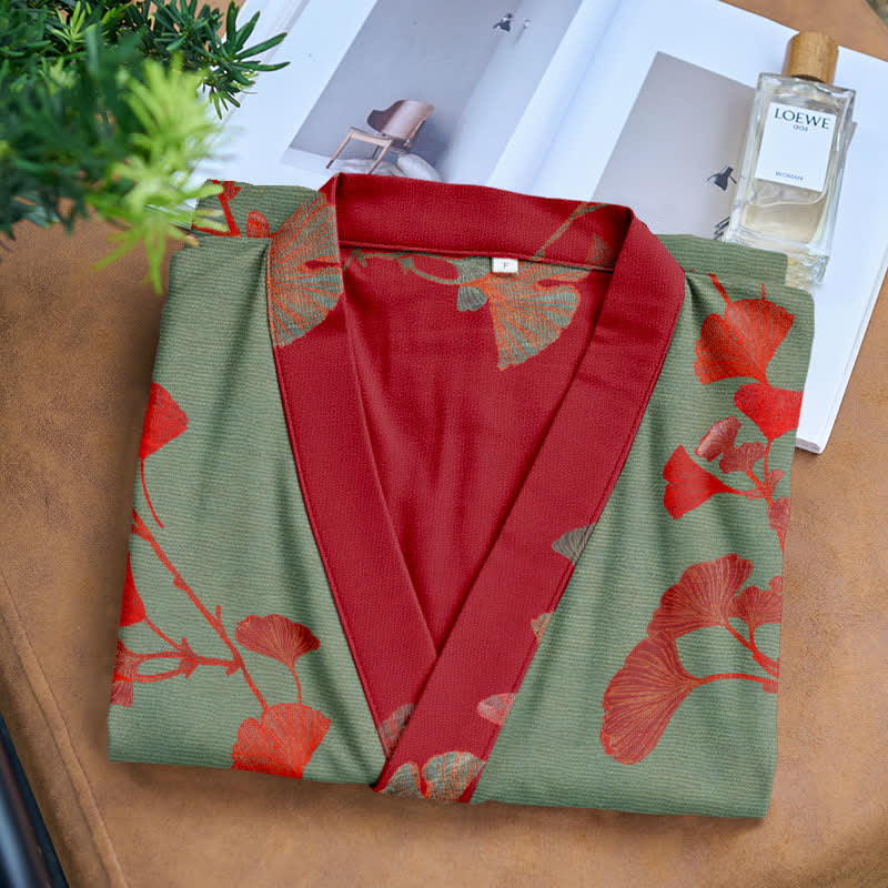 Ownkoti Ginkgo Leaf Organic Cotton Kimono Robe
