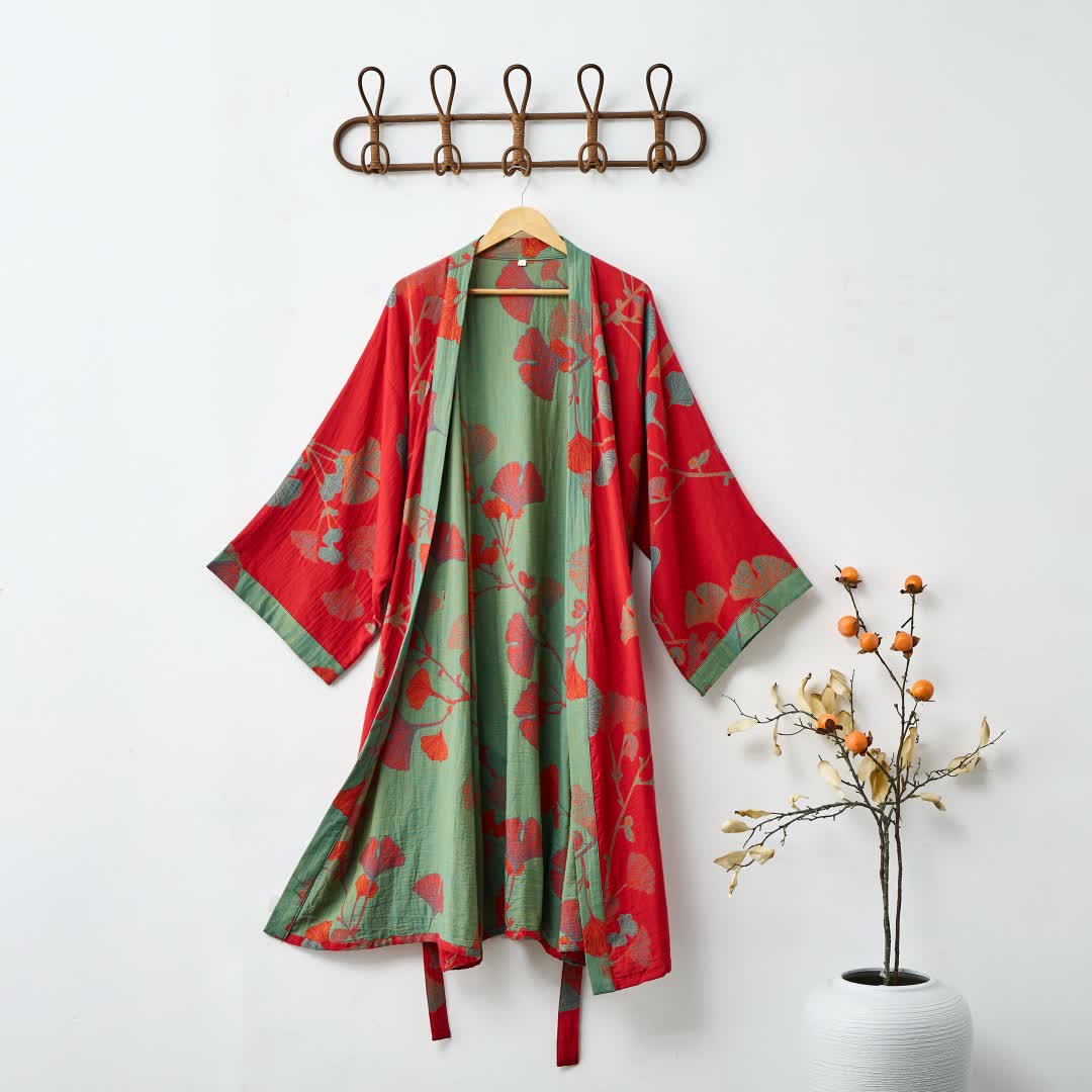 Ownkoti Ginkgo Leaf Organic Cotton Kimono Robe