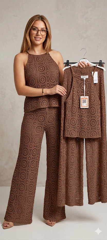 Boho Crochet Two-Piece Set — Top & Flare Pants