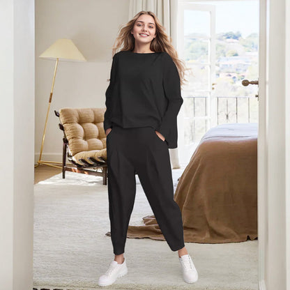 💎 50% OFF! 💎Round-Neck Long-Sleeved Top ＆ Pants 2-Piece Set | Wrinkle-Free & Breathable |