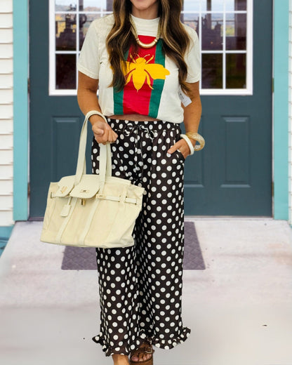 Polka-Dot Ruffled Satin Pants