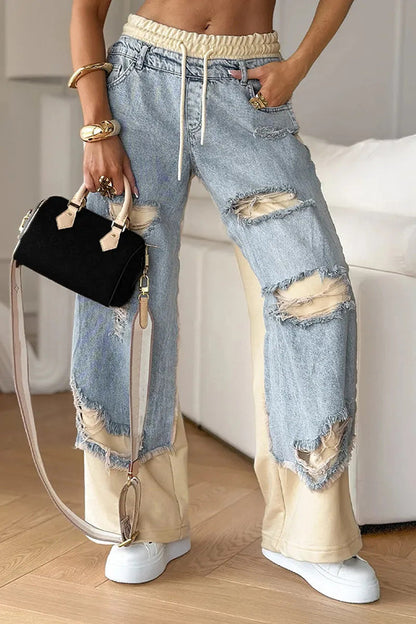 Women's Ripped Stitched Denim Trousers