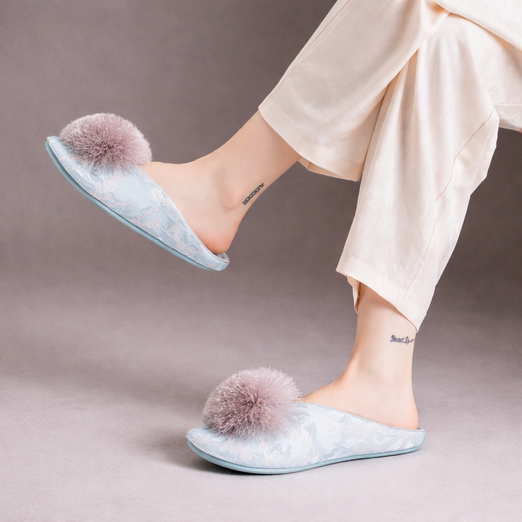 Serena Embroidered Pom Slippers