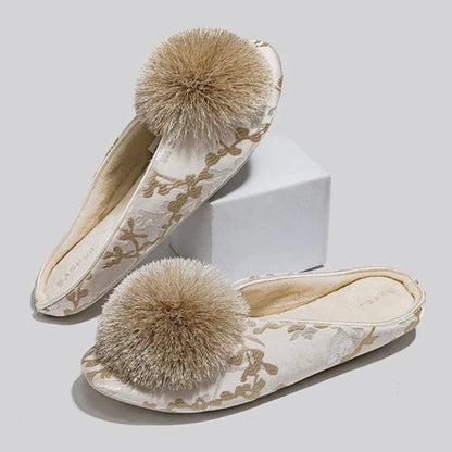 Serena Embroidered Pom Slippers