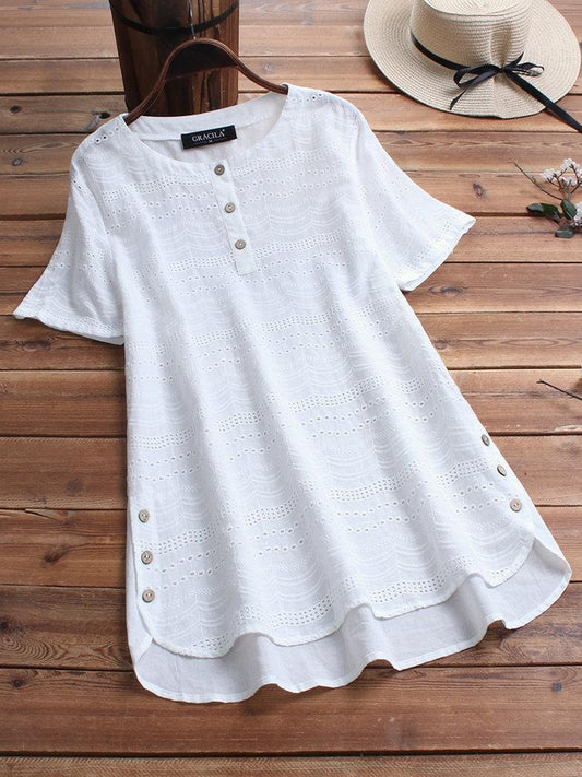 Women's Cotton Eyelet Short Sleeve Button Detail Casual Tunic Top
