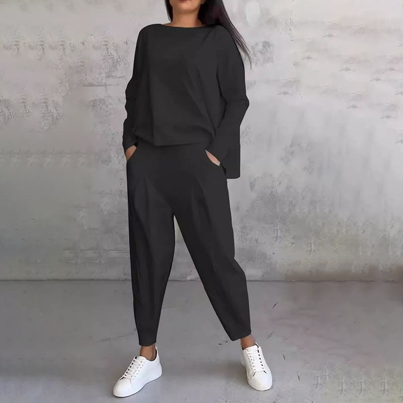 💎 50% OFF! 💎Round-Neck Long-Sleeved Top ＆ Pants 2-Piece Set | Wrinkle-Free & Breathable |