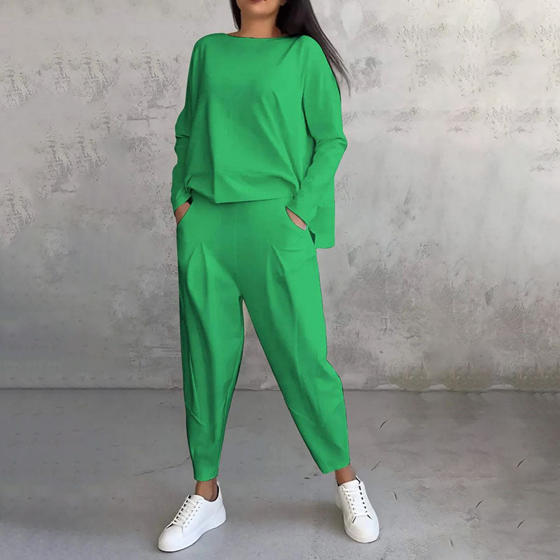 💎 50% OFF! 💎Round-Neck Long-Sleeved Top ＆ Pants 2-Piece Set | Wrinkle-Free & Breathable |