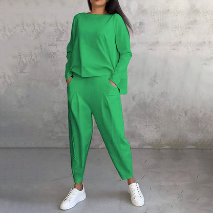 💎 50% OFF! 💎Round-Neck Long-Sleeved Top ＆ Pants 2-Piece Set | Wrinkle-Free & Breathable |