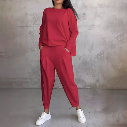 💎 50% OFF! 💎Round-Neck Long-Sleeved Top ＆ Pants 2-Piece Set | Wrinkle-Free & Breathable |