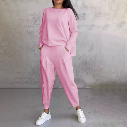 💎 50% OFF! 💎Round-Neck Long-Sleeved Top ＆ Pants 2-Piece Set | Wrinkle-Free & Breathable |