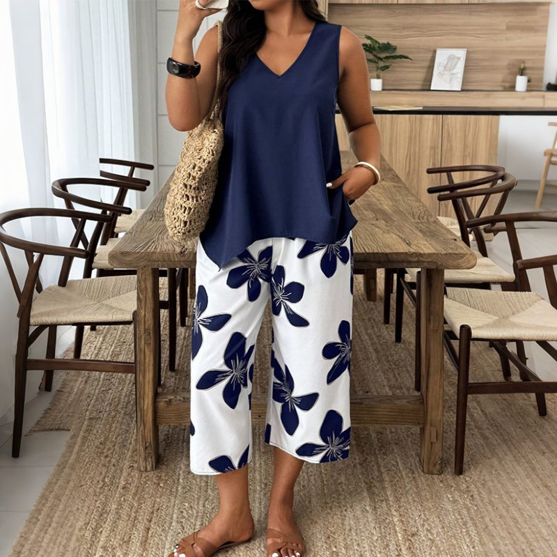 Floral two-piece set with an asymmetrical top and capri pants: stylish, comfy, and versatile