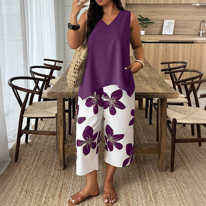Floral two-piece set with an asymmetrical top and capri pants: stylish, comfy, and versatile