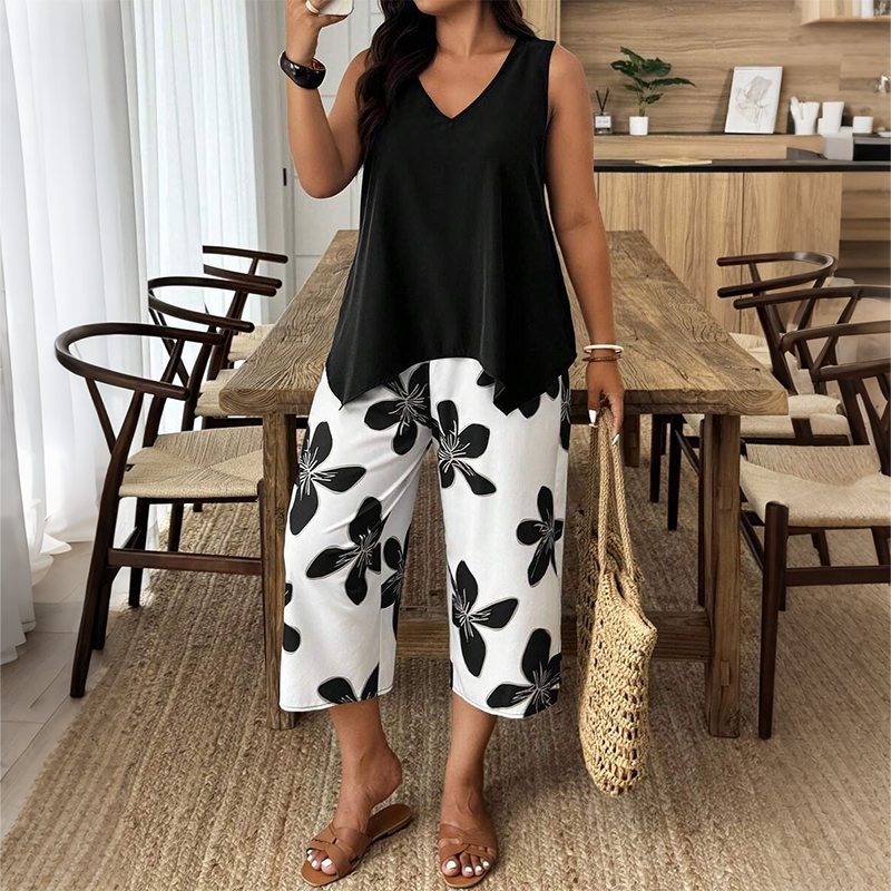 Floral two-piece set with an asymmetrical top and capri pants: stylish, comfy, and versatile